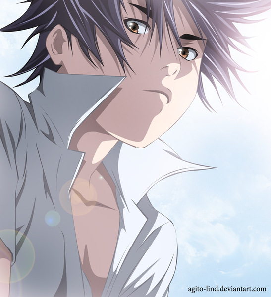 Anime picture 1000x1095 with air gear toei animation minami itsuki aagito single tall image short hair brown eyes sky purple hair cloud (clouds) sunlight coloring face partially open clothes boy shirt