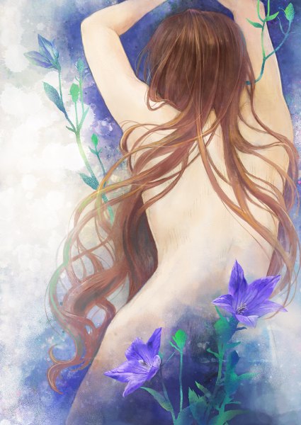 Anime picture 850x1200 with original degrees celsius single long hair tall image brown hair nude from behind back girl flower (flowers)