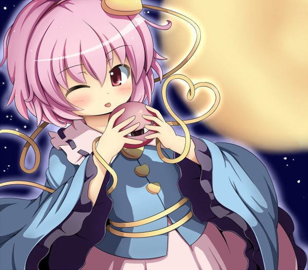 Anime picture 1236x1083 with touhou komeiji satori torichiyo single short hair pink hair one eye closed pink eyes wink loli space eyes girl dress