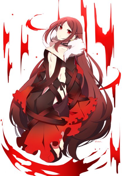 Anime picture 771x1112 with fate (series) fate/grand order yu mei-ren (fate) ygjkoon single tall image looking at viewer blush fringe breasts light erotic red eyes brown hair white background signed payot very long hair barefoot fur trim twitter username