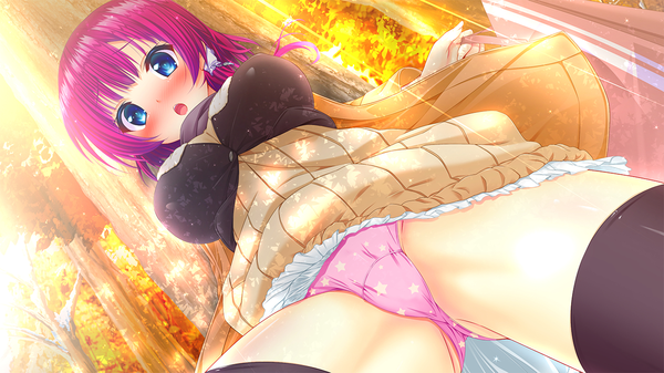 Anime picture 1280x720 with ren'ai phase kumihama yuki nironiro single long hair looking at viewer blush fringe breasts open mouth blue eyes light erotic wide image standing pink hair game cg sunlight looking down sunbeam autumn