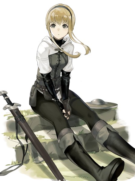 Anime picture 1500x2013 with original keemu (occhoko-cho) single long hair tall image fringe simple background blonde hair white background sitting payot looking away wind grey eyes sheathed between thighs girl gloves weapon sword