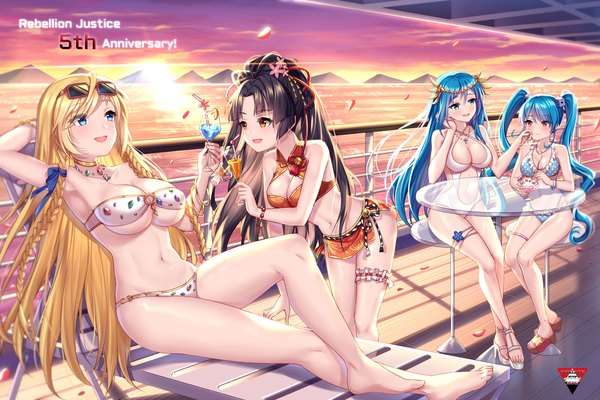 Anime picture 3856x2571 with rebellion justice sannio long hair blush fringe highres breasts open mouth blue eyes light erotic black hair blonde hair smile hair between eyes red eyes large breasts standing sitting twintails multiple girls