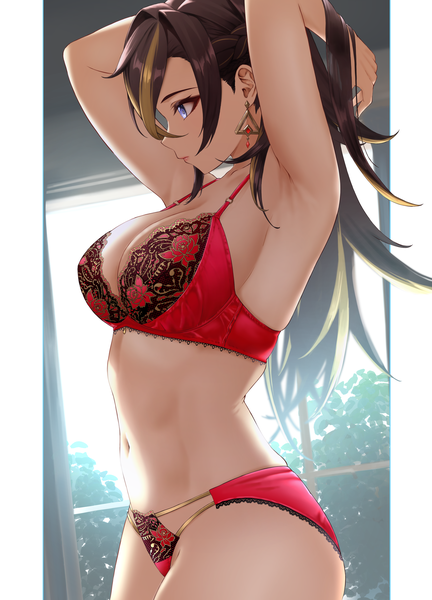 Anime picture 2700x3750 with genshin impact dehya (genshin impact) yumeto (ym-1) single long hair tall image fringe highres breasts blue eyes light erotic hair between eyes brown hair large breasts standing payot looking away cleavage profile multicolored hair