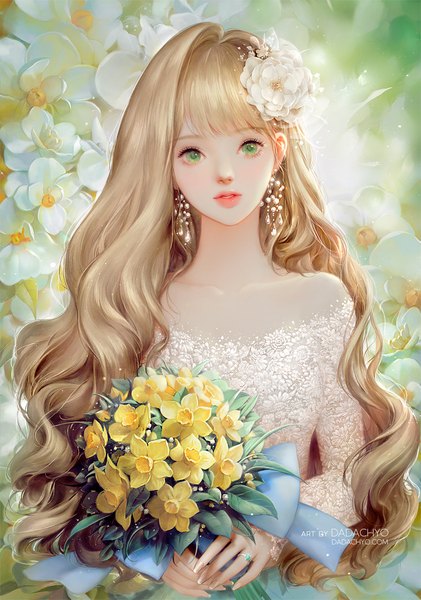 Anime picture 1000x1424 with original dadachyo single long hair tall image looking at viewer fringe brown hair holding green eyes signed upper body blunt bangs parted lips hair flower fingernails lips wavy hair girl flower (flowers)