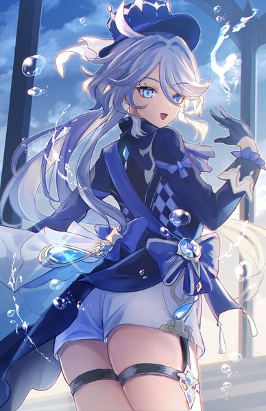 Anime picture 2125x3283 with genshin impact furina (genshin impact) kmes niku single long hair tall image looking at viewer fringe highres breasts open mouth blue eyes light erotic smile hair between eyes standing sky silver hair cloud (clouds) ahoge