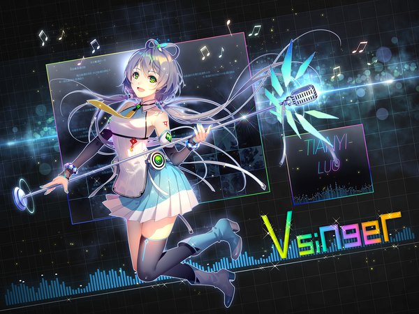 Anime picture 1500x1125 with vocaloid vocaloid china luo tianyi tidsean single long hair looking at viewer blush fringe open mouth simple background smile hair between eyes twintails bare shoulders holding green eyes silver hair full body bent knee (knees)