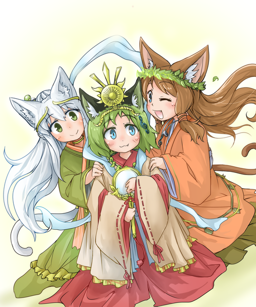 Anime picture 2756x3307 with original rinneko (good sun) kourineko (good sun) yuineko (good sun) doitsuken long hair tall image highres short hair open mouth blue eyes simple background smile brown hair white background multiple girls green eyes animal ears silver hair tail