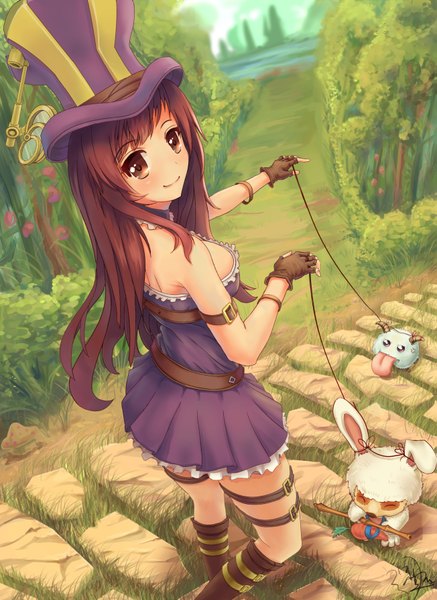 Anime picture 1303x1786 with league of legends caitlyn (league of legends) jay xu long hair tall image fringe smile brown hair standing bare shoulders brown eyes horn (horns) girl dress gloves plant (plants) animal tree (trees) boots tongue