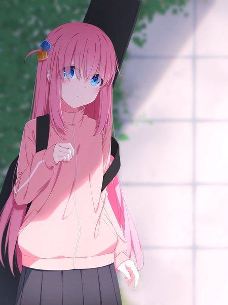 Anime picture 1080x1440 with bocchi the rock! cloverworks gotou hitori aoi thomas single long hair tall image looking at viewer fringe blue eyes pink hair outdoors one side up girl hair ornament plant (plants) tiles track jacket cube hair ornament instrument case
