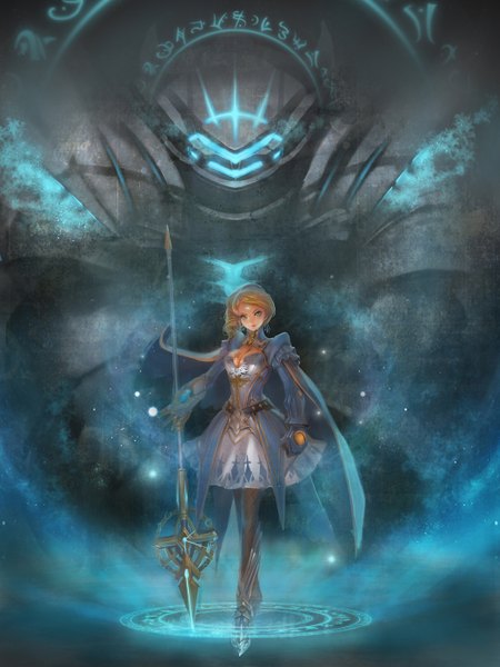 Anime picture 1050x1400 with original pixiv fantasia pixiv fantasia v haoyuan single long hair tall image blue eyes blonde hair cleavage tattoo magic glowing girl dress weapon pantyhose armor cape spear
