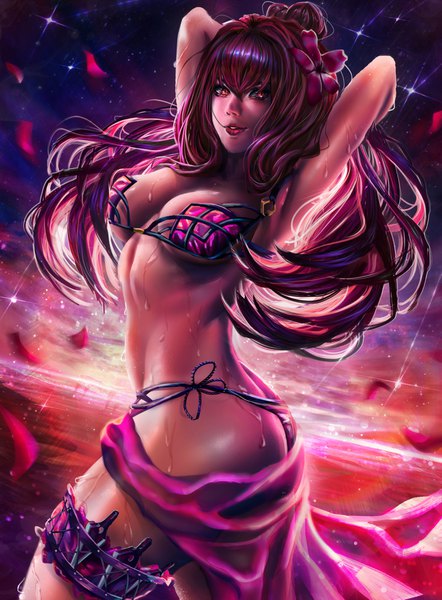 Anime picture 3189x4322 with fate (series) fate/grand order scathach (fate) (all) scathach (swimsuit assassin) (fate) artofkuzu single long hair tall image looking at viewer fringe highres breasts light erotic hair between eyes red eyes large breasts standing absurdres sky cleavage