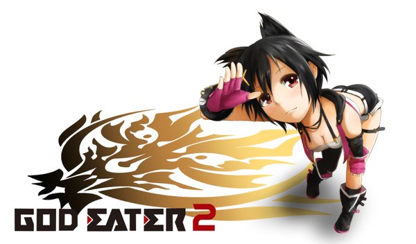 Anime picture 1602x940 with god eater 2 kouzuki nana matsuri (artist) single looking at viewer short hair black hair smile red eyes wide image animal ears cleavage cat ears leaning leaning forward looking up bare back salute girl gloves