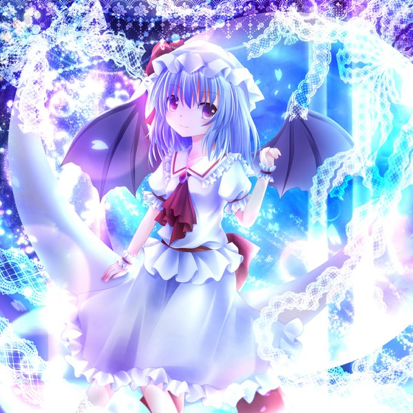 Anime picture 1170x1170 with touhou remilia scarlet furomaaju (fromage) single looking at viewer short hair red eyes blue hair girl dress petals wings bonnet
