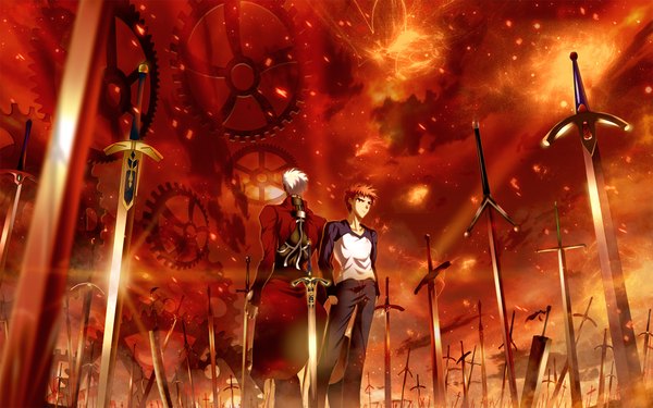 Anime picture 1920x1200 with fate (series) fate/stay night studio deen type-moon archer (fate) emiya shirou skyt2 highres short hair wide image white hair red hair hand in pocket scenic back to back dual persona multicolored raglan sleeves weapon sword