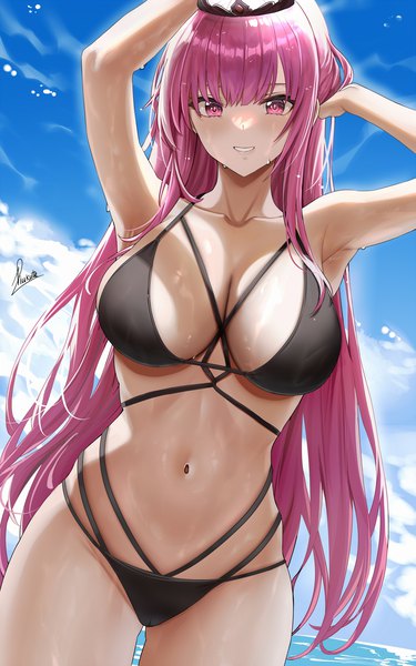 Anime picture 1250x2000 with virtual youtuber hololive hololive english mori calliope piukute062 single long hair tall image looking at viewer breasts light erotic smile large breasts standing signed pink hair sky cloud (clouds) outdoors parted lips
