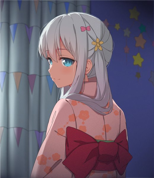 Anime picture 1189x1374 with eromanga sensei a-1 pictures izumi sagiri qingchen single long hair tall image fringe hair between eyes silver hair upper body traditional clothes japanese clothes looking back aqua eyes girl bow hair bow kimono star (symbol)