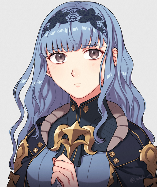 Anime picture 1552x1843 with fire emblem fire emblem: three houses fire emblem warriors: three hopes nintendo marianne von edmund peach11 01 single long hair tall image looking at viewer fringe simple background signed blue hair upper body blunt bangs grey background grey eyes twitter username portrait