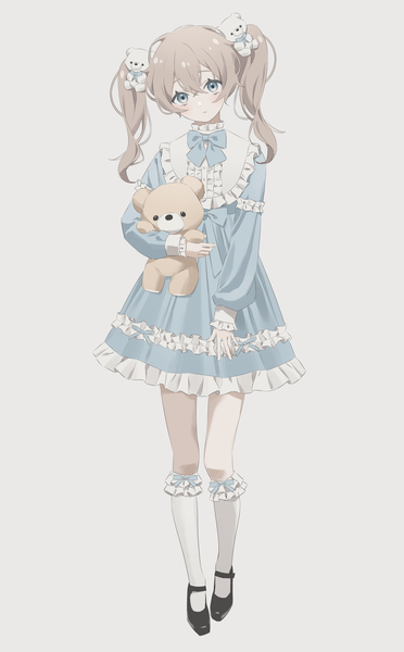 Anime picture 2874x4634 with original azuki (ckxs7444) single long hair tall image looking at viewer highres blue eyes simple background brown hair standing twintails full body head tilt grey background frilled dress lolita fashion sweet lolita girl dress