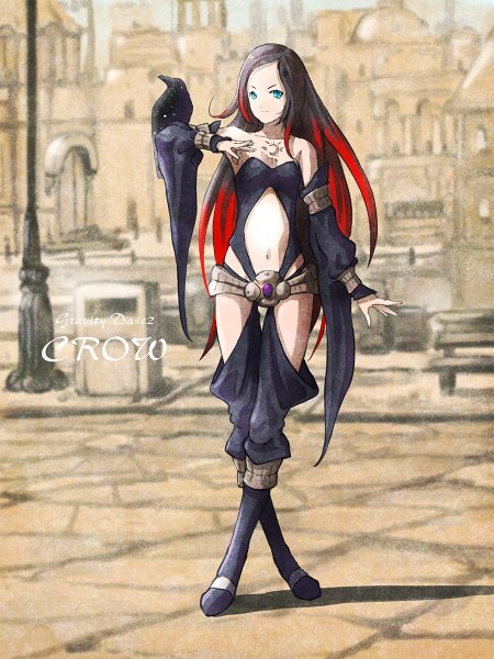Anime picture 900x1200 with gravity daze crow (gravity daze) satyuas single long hair tall image looking at viewer blue eyes black hair full body red hair multicolored hair two-tone hair shadow copyright name character names city center opening crossed legs (standing) bird on hand