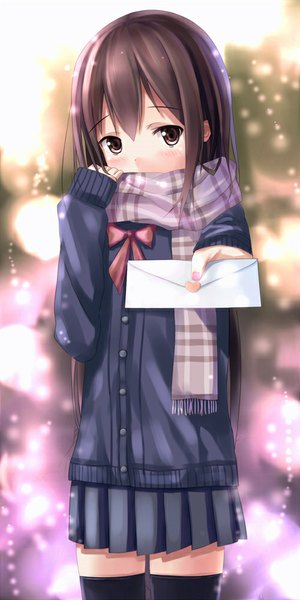 Anime picture 500x1000 with original suzuame yatsumi single long hair tall image blush fringe brown hair standing holding looking away pleated skirt fingernails zettai ryouiki glow girl thighhighs skirt bow jacket