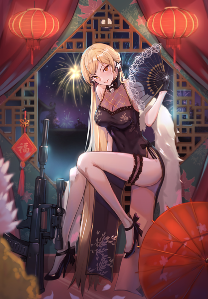 Anime picture 1200x1726 with girls frontline ots-14 (girls frontline) ots-14 (sangria succulent) (girls' frontline) niac single long hair tall image looking at viewer blush fringe breasts light erotic smile brown hair sitting bare shoulders holding full body bent knee (knees) traditional clothes