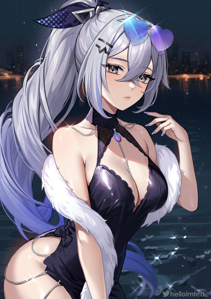 Anime picture 848x1200 with honkai: star rail honkai (series) silver wolf (honkai: star rail) helloimtea single long hair tall image fringe breasts light erotic hair between eyes large breasts signed cleavage silver hair outdoors ponytail nail polish night sparkle