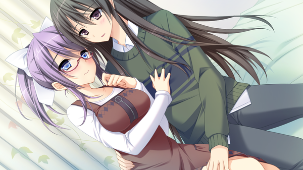 Anime picture 1280x720 with angenehm platz yae hibiki kurusu rio (angenehm platz) long hair blush blue eyes black hair wide image brown eyes game cg purple hair couple girl dress boy bow hair bow glasses sweater