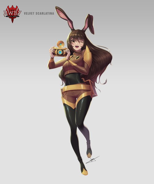 Anime picture 5024x6000 with rwby rooster teeth velvet scarlatina uyalago single long hair tall image looking at viewer highres open mouth simple background brown hair brown eyes signed animal ears absurdres full body long sleeves one eye closed grey background