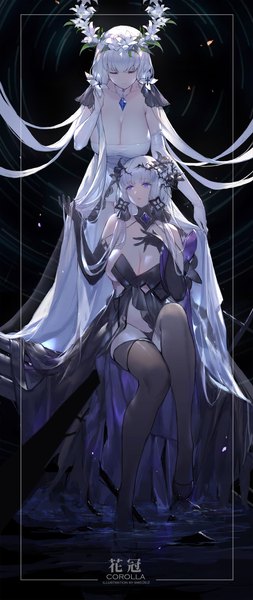 Anime picture 1417x3366 with azur lane illustrious (azur lane) swd3e2 long hair tall image fringe breasts open mouth light erotic simple background large breasts standing sitting purple eyes bare shoulders multiple girls signed payot looking away cleavage