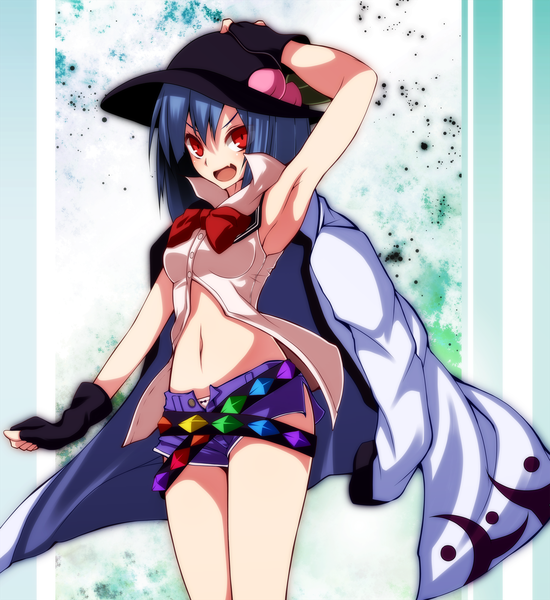 Anime picture 1833x2000 with touhou hinanawi tenshi s-syogo single long hair tall image highres open mouth light erotic red eyes blue hair armpit (armpits) girl gloves navel hat shorts fingerless gloves