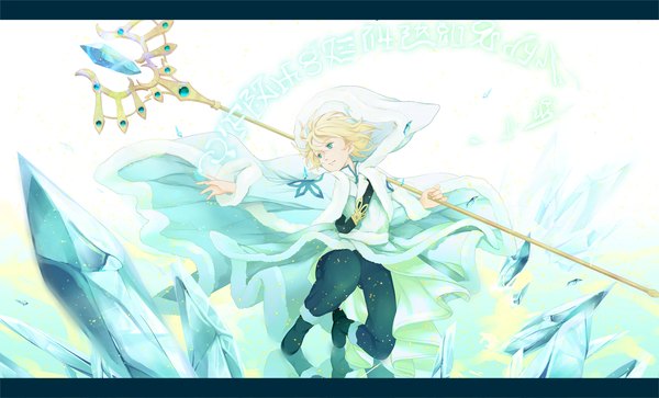 Anime picture 3300x2000 with tsubasa reservoir chronicle clamp fay d flourite saki (little crown) single highres short hair blonde hair wide image white background absurdres aqua eyes inscription outstretched arm magic boy pants staff crystal winter clothes