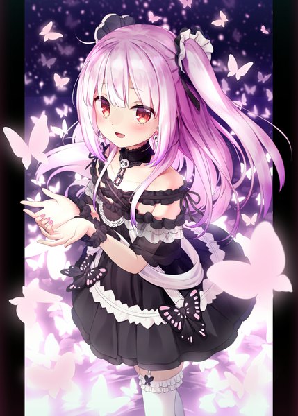 Anime picture 992x1386 with virtual youtuber hololive uruha rushia uruha rushia (3rd costume) tokoshibyra single long hair tall image blush open mouth red eyes purple hair ahoge :d two side up pillarboxed girl thighhighs dress earrings