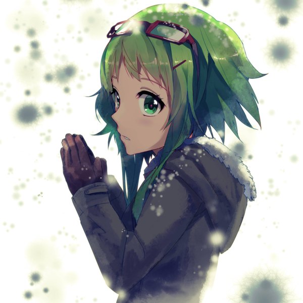 Anime picture 4093x4093 with vocaloid gumi tsukun112 single long hair looking at viewer highres green eyes absurdres green hair snowing winter snow hands clasped glasses on head girl gloves glasses jacket snowflake (snowflakes)