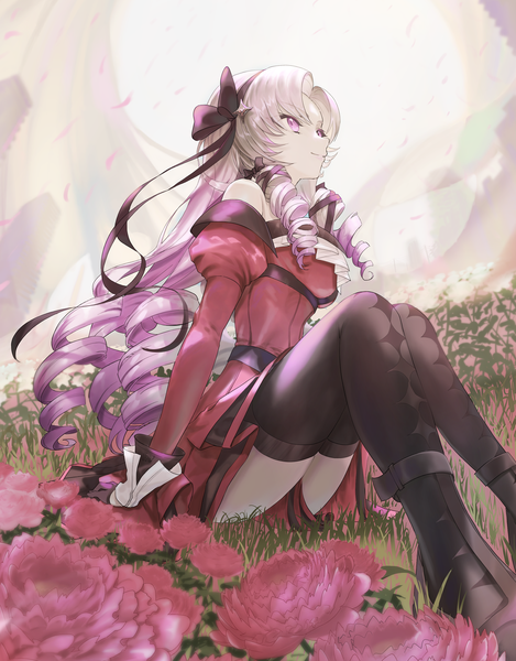 Anime picture 3000x3840 with virtual youtuber nijisanji hyakumantenbara salome hyakumantenbara salome (1st costume) atatatatame01 single long hair tall image highres smile sitting purple eyes looking away silver hair outdoors profile drill hair girl thighhighs dress