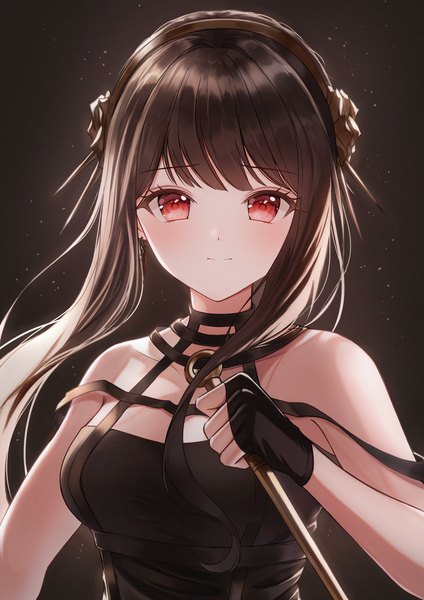 Anime picture 2821x3989 with spy x family yor briar nurie6351 single long hair tall image looking at viewer blush fringe highres breasts black hair simple background smile red eyes large breasts bare shoulders upper body blunt bangs black background