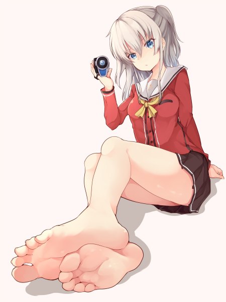 Anime picture 900x1200 with charlotte p.a. works tomori nao batatata77 single long hair tall image looking at viewer fringe blue eyes light erotic simple background sitting silver hair barefoot arm support bare legs two side up legs thighs