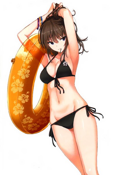 Anime picture 1143x1750 with saitom single tall image fringe short hair breasts blue eyes light erotic simple background standing white background holding looking away scan mouth hold groin girl navel bracelet side-tie bikini