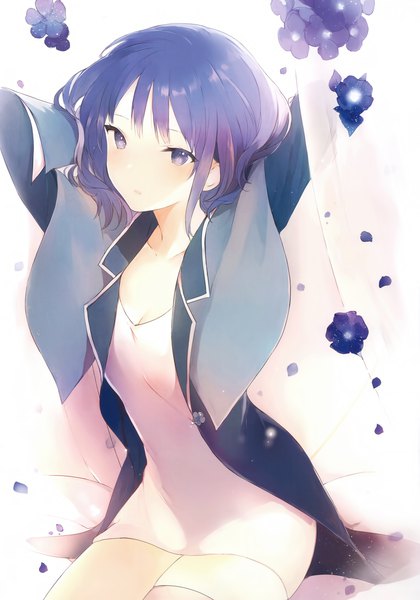 Anime picture 2101x3000 with original lpip single tall image looking at viewer blush highres short hair breasts blue eyes sitting blue hair cleavage multicolored hair arms up gradient hair arms behind head backlighting girl thighhighs