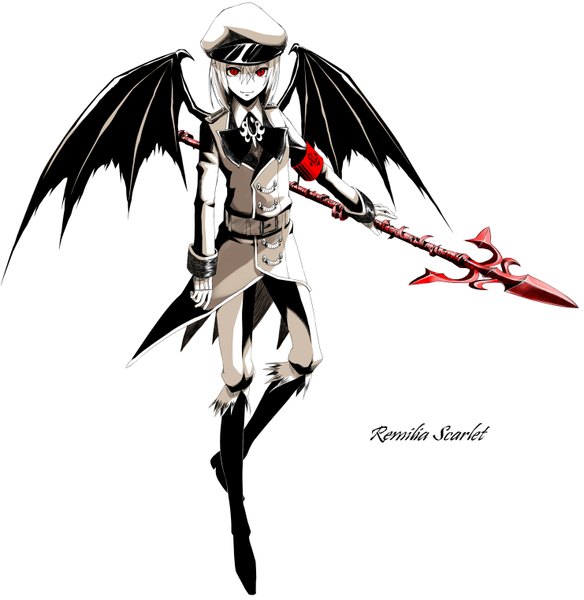 Anime picture 1481x1522 with touhou remilia scarlet bisuke (k step2009) single tall image looking at viewer fringe short hair simple background red eyes standing white background bat wings vampire girl weapon hat sword wings boots