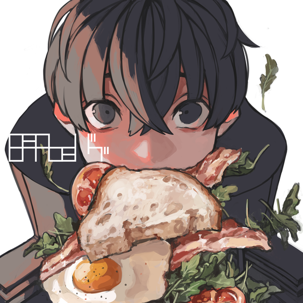 Anime picture 3600x3600 with original fatalbug896 single looking at viewer fringe highres short hair black hair simple background hair between eyes white background absurdres upper body black eyes eating boy food sandwich