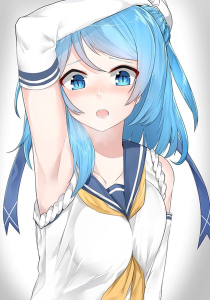 Anime picture 1024x1463 with kantai collection urakaze destroyer suzuharu (suzuharu0612) single long hair tall image looking at viewer blush fringe breasts open mouth blue eyes simple background white background blue hair arm up armpit (armpits) girl detached sleeves