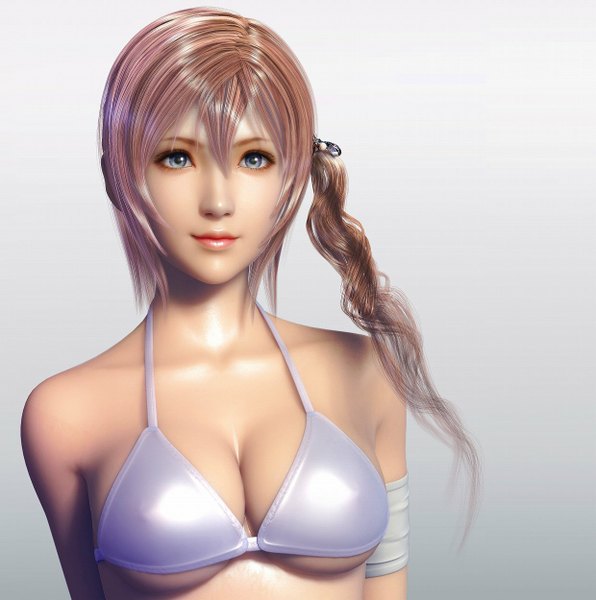 Anime picture 1240x1250 with final fantasy final fantasy xiii final fantasy xiii-2 square enix serah farron single tall image short hair blue eyes light erotic simple background brown hair white background lips 3d girl swimsuit bikini top