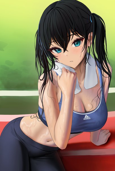 Anime picture 1304x1926 with original adidas tokkihouse single long hair tall image looking at viewer blush fringe breasts blue eyes light erotic black hair hair between eyes large breasts sitting twintails cleavage outdoors parted lips