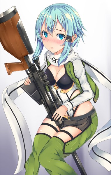 Anime picture 762x1200 with sword art online a-1 pictures asada shino nora (gurimu000) single tall image looking at viewer blush short hair blue eyes light erotic blue hair girl hair ornament weapon jacket shorts scarf gun sniper rifle