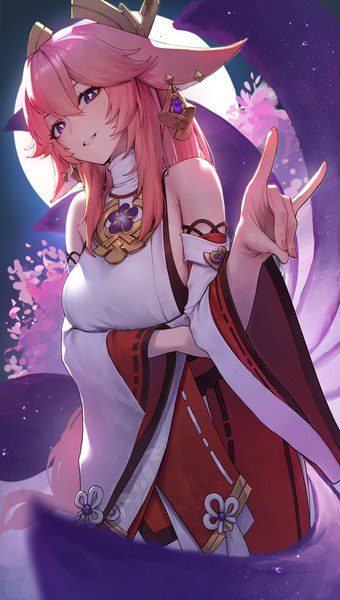 Anime picture 3205x5662 with genshin impact yae miko alaskastomatoez single long hair tall image looking at viewer fringe highres smile hair between eyes purple eyes animal ears pink hair absurdres traditional clothes japanese clothes fox ears nontraditional miko fox shadow puppet