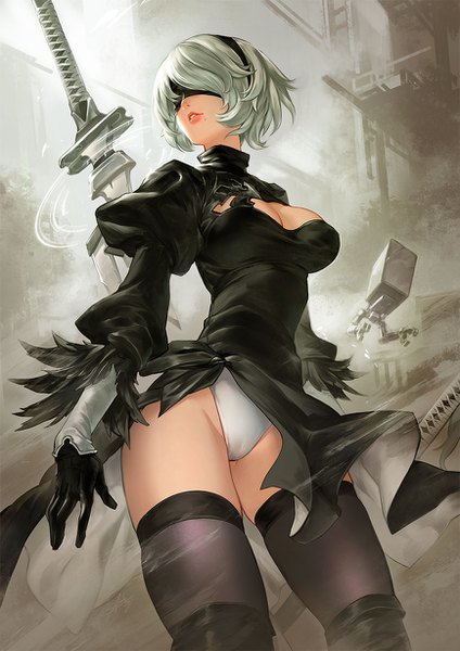 Anime picture 868x1228 with nier nier:automata yorha no. 2 type b pod (nier:automata) asuka111 single tall image fringe short hair light erotic standing holding upper body long sleeves parted lips lips grey hair mole from below puffy sleeves
