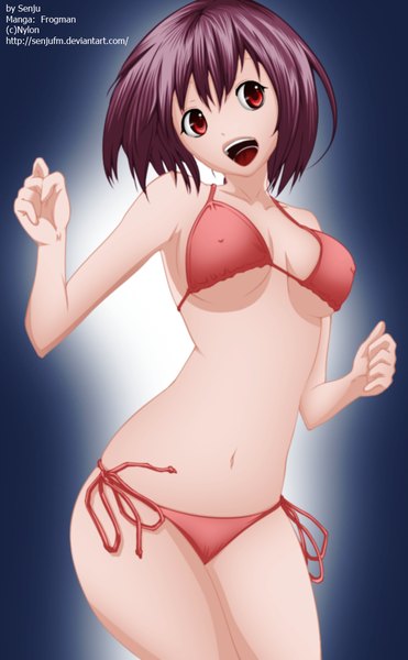 Anime picture 742x1200 with frogman (manga) senjufm single tall image short hair open mouth light erotic simple background smile red eyes pink hair midriff coloring blue background girl navel swimsuit bikini