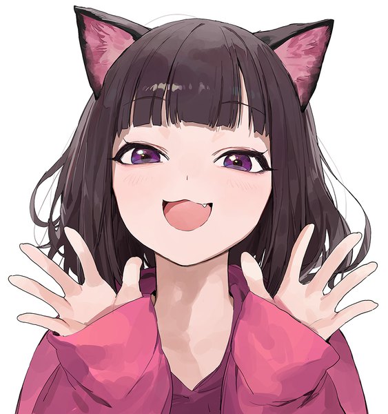 Anime picture 1000x1065 with virtual youtuber kmnz liz kmnz liz (character) modare single tall image looking at viewer blush fringe short hair open mouth simple background smile brown hair white background purple eyes animal ears blunt bangs long sleeves :d