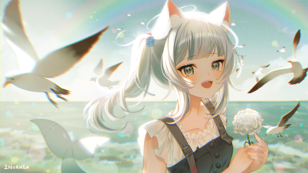 Anime picture 1080x608 with virtual youtuber hololive hololive english gawr gura gawr gura (2nd costume) 2nii single long hair blush fringe open mouth wide image signed animal ears payot silver hair outdoors tail blunt bangs :d
